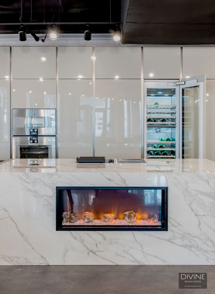 A unique fireplace in a kitchen island