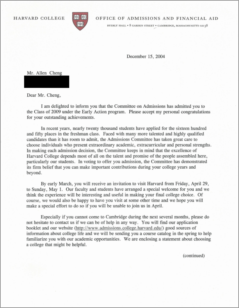 Carta de aceptación de Harvard Real y oficial Maria Kani