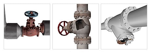 Three valves: ball valve, gate valve, and check valve used to control water flow and prevent water hamme