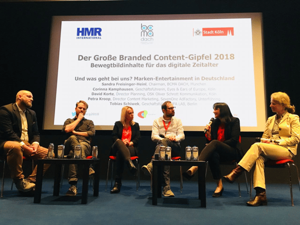 Branded Content Gipfel Podium, Sandra Freisinger-Heinl, Corinna Kamphausen, David Korte, Petra Kroop, Tobias Schiwek