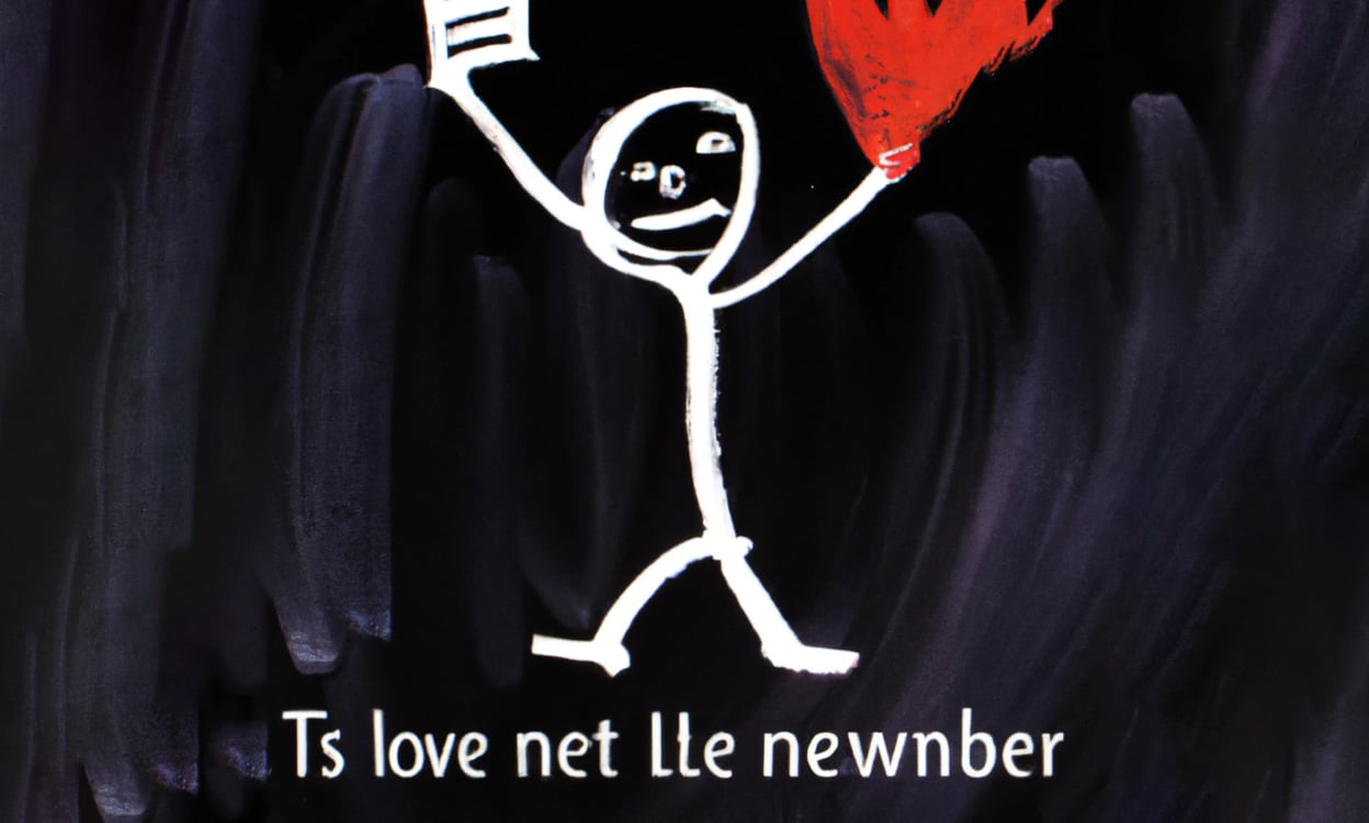 A warped-looking stick figure holding its arms above its head, with nonsensical text below reading “Ts love net lle newnber” 