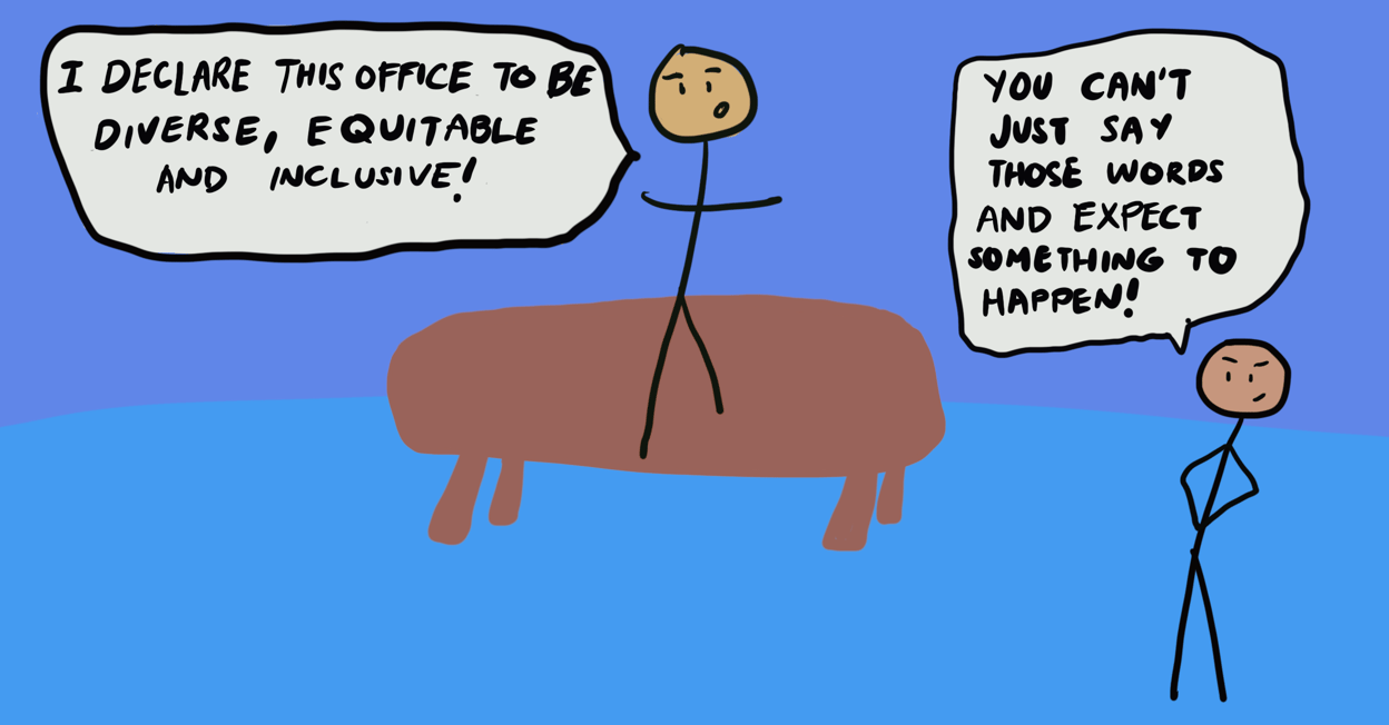 One stick figure stands on a table and says, “I declare this office to be diverse, equitable, and inclusive!” Another says “You can’t just say those words and expect something to happen.” 