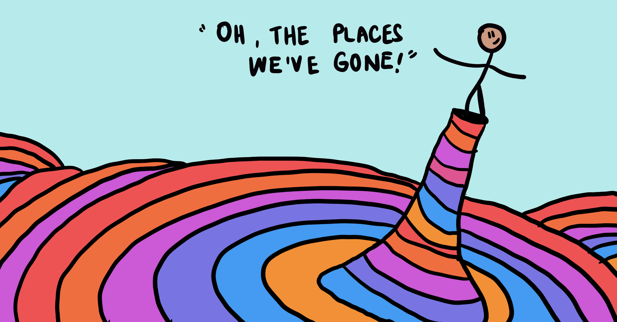 A stick figure stands on a multi-colored column saying, 