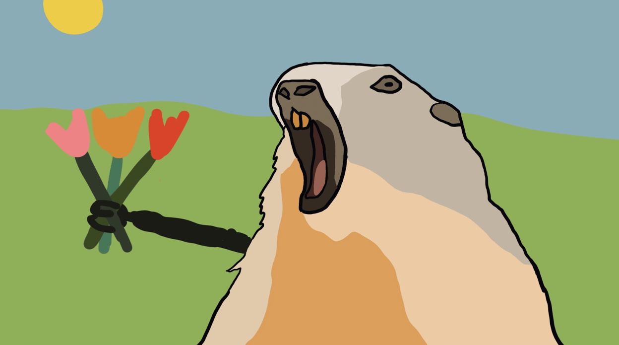 An illustration of a deranged-looking groundhog holding a bunch of flowers.