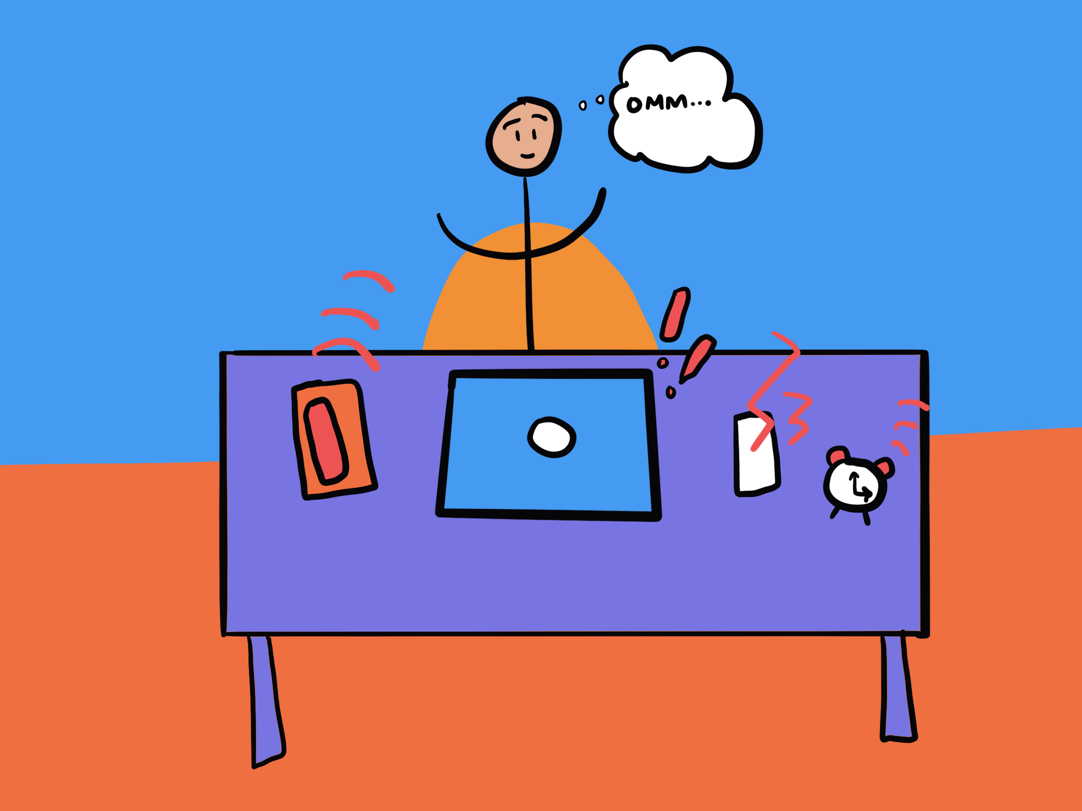 An illustration of a stick figure with a thought cloud, shown working on a purple desk while receiving alerts from their phone, laptop, and alarm clock