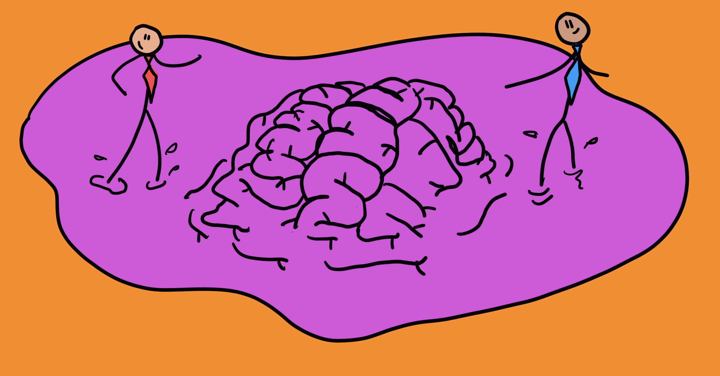 Two politician-looking stick figures standing in the puddle of a melting brain.