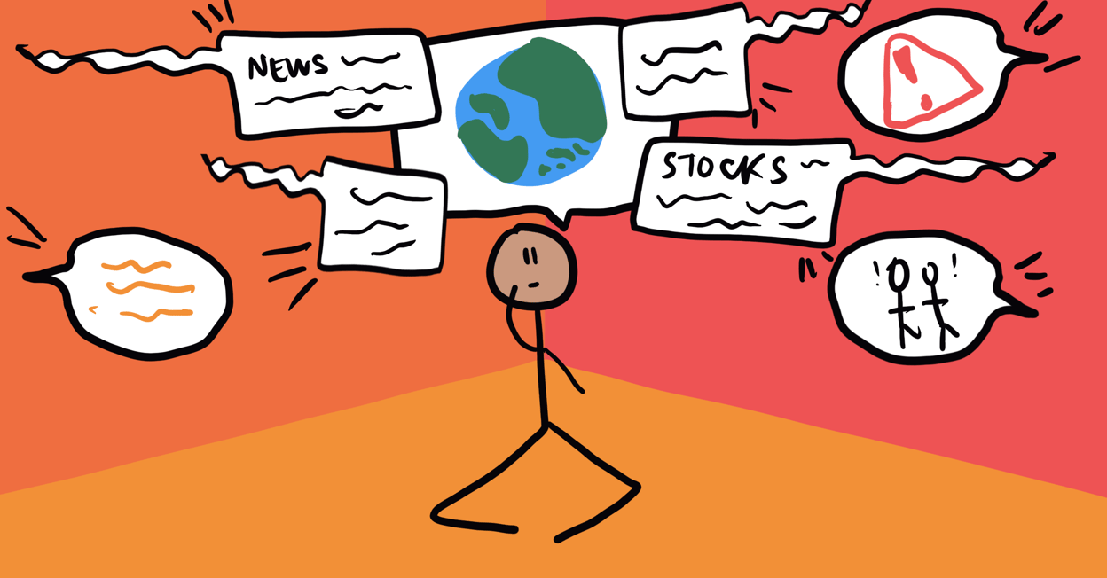 A stick figure with a speech bubble coming out of their mouth that has a picture of the earth in it. Other speech bubbles with other assorted topics (e.g. 