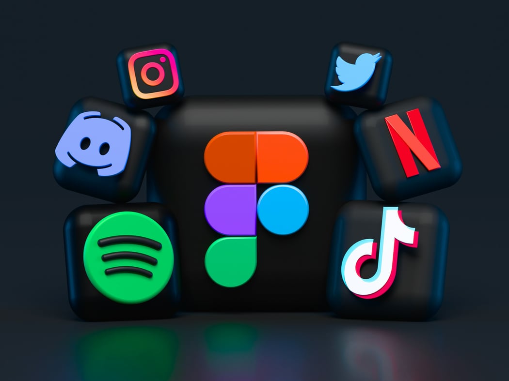 A collection of social media platform logos rendered in 3D. 