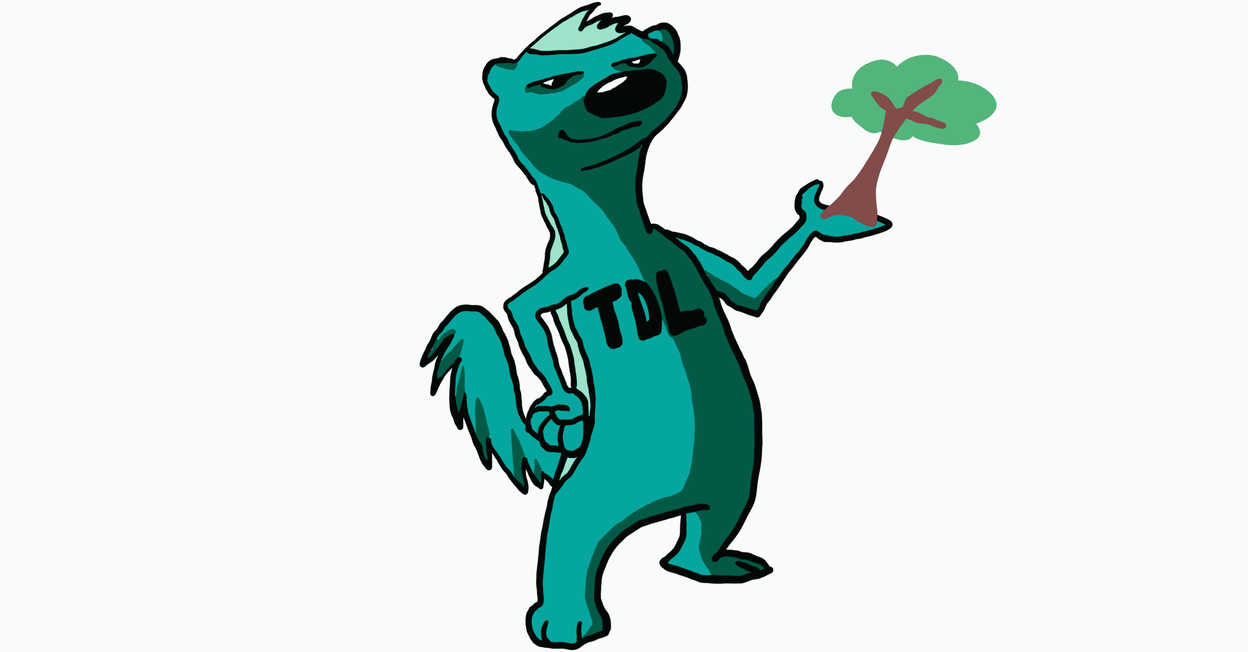 An illustration of a rainbow-coloured honey badger with “TDL” written on its belly. It’s holding a little tree in its hand.