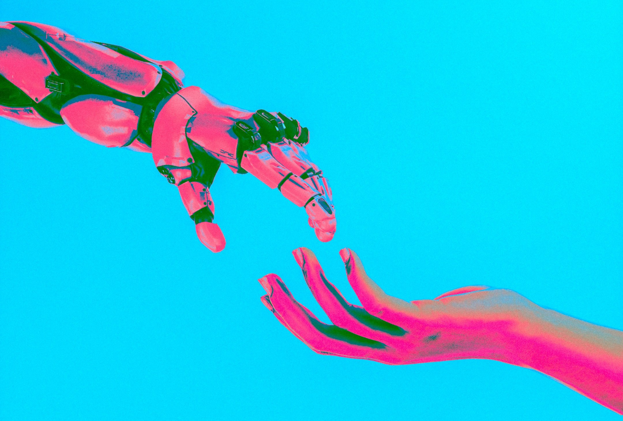 A digital illustration of a robot hand reaching out to touch a human hand. 