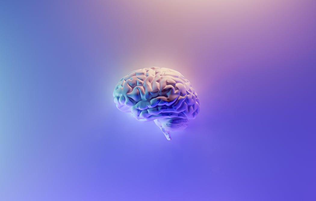 A digital rendering of a brain on a purple background