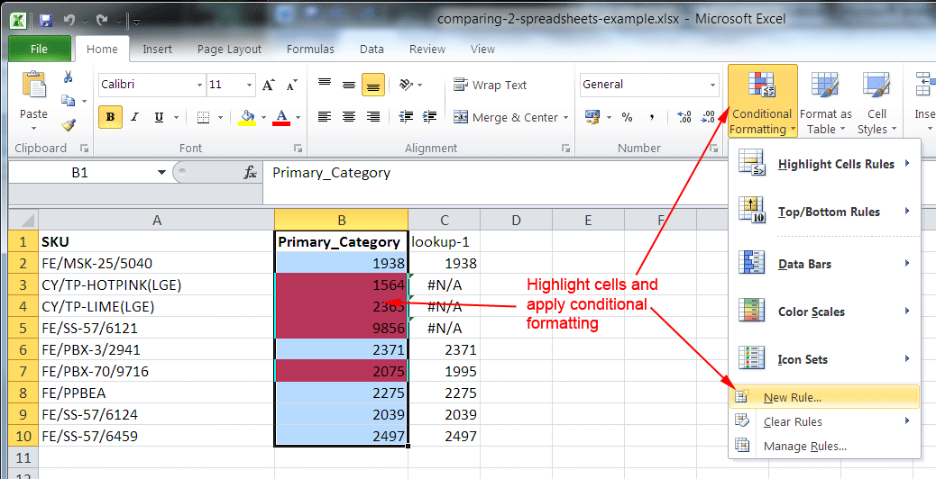 compare two columns in excel and highlight same values