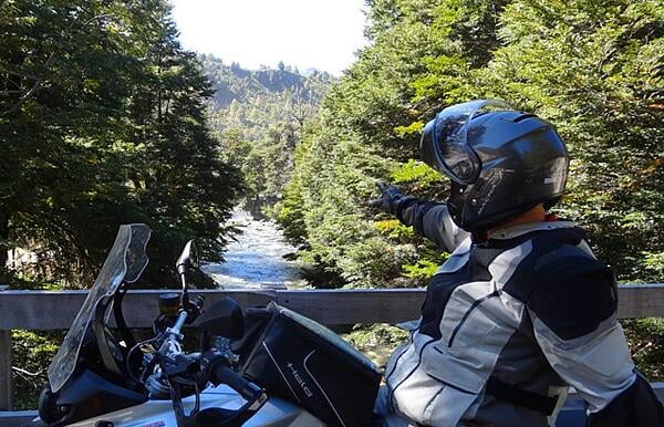 Motorcycle Rider in Patagonia by River