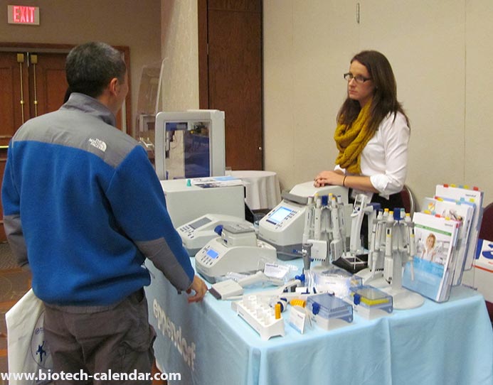 A researcher takes a look at Eppendorfs display of research equipment.