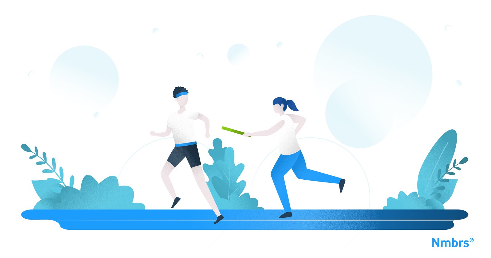At Nmbrs, we have no managers. It's important that everyone feels the responsibility to help the company grow. The image is an illustration of two people running (one man and one woman). The woman is passing the