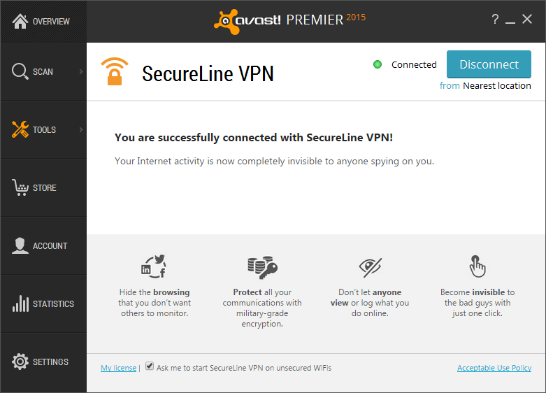 O Avast SecureLine VPN torna anônima a sua navegação e invisíveis os seus logins, emails, mensagens e números dos cartões de crédito.