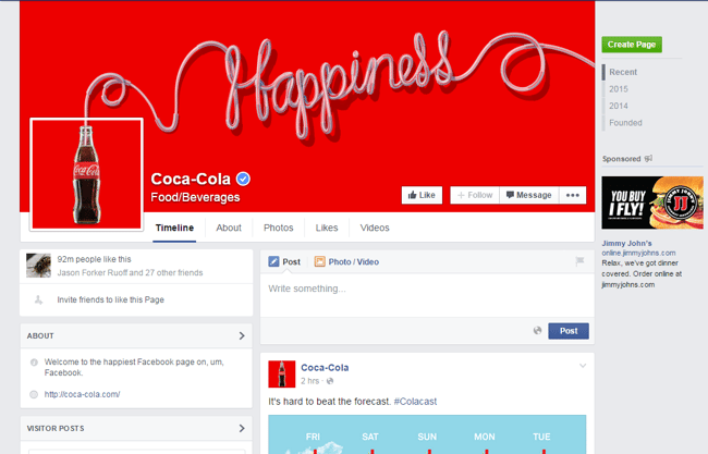 可口可乐的facebook页面上有“幸福”的横幅