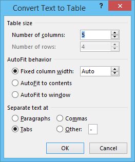 how to convert tabbed text to table word