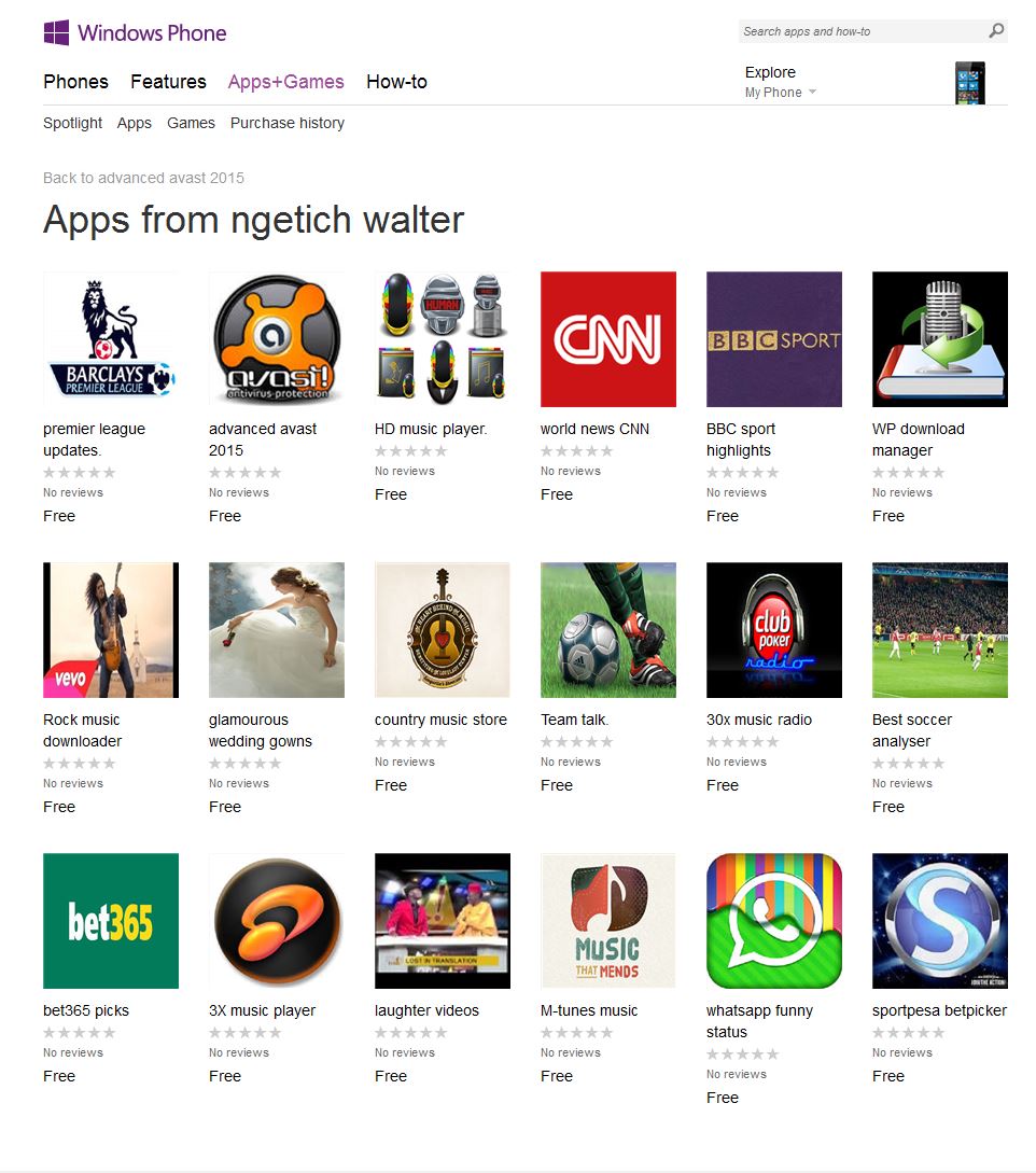 Fake apps advertised by Ngetich Walter on the Windows Phone Store.