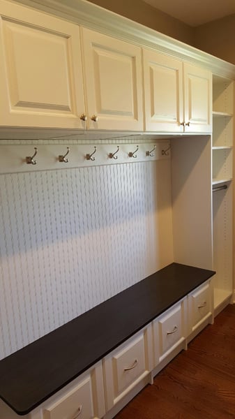 White Mudroom Area with Beadboard Backing, Hook Strip, Raised Panel Drawers, and Chocolate Pear Top for Bench Area
