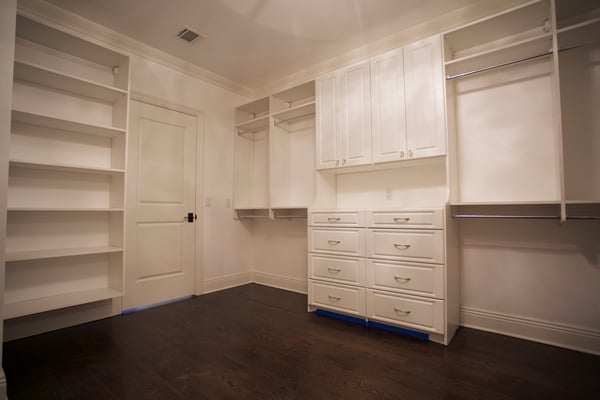 White Double Hutch with Raised Panel Doors, Adjustable Shelving, and Double Hang