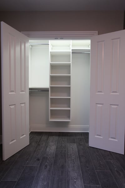 White Reach In Closet With Adjustable Shelving, Double Hang, and Long Hang