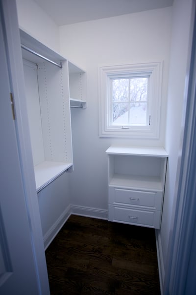 White Walk In Closet with Raised Panel Drawers, Double Hang, and Long Hang