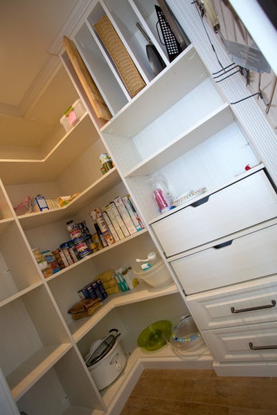 Latitude North Pantry with Corner Radius Shelves, Decorative Base and Crown moulding, Raised Panel Drawers, Tray Storage and Pullouts