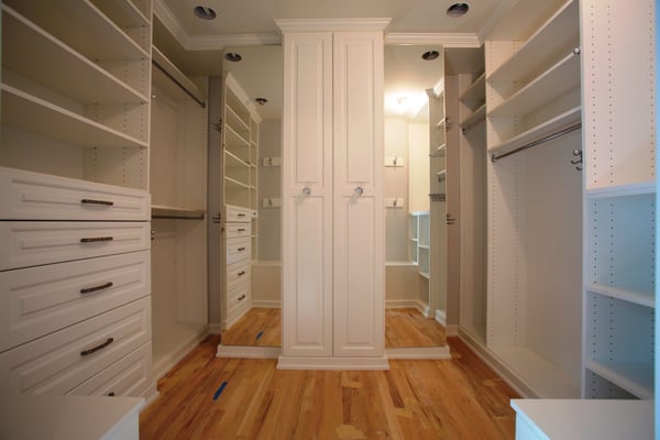 White Walk In with Raised Panel Drawers, Adjustable Shelving Decorative Base and Crown Moulding, Mirrored Doors