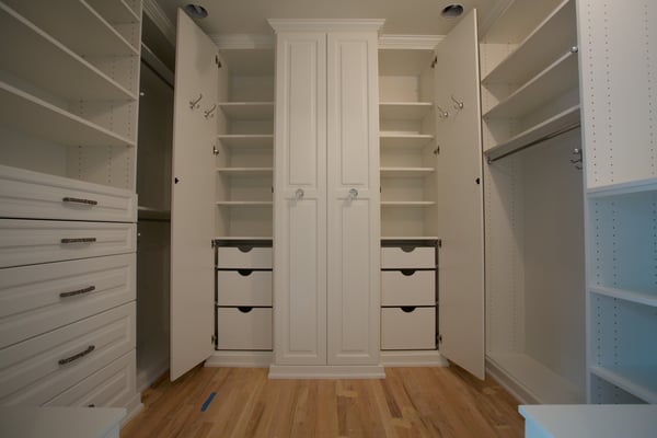 White Walk In with Raised Panel Drawers, Adjustable Shelving Decorative Base and Crown Moulding, Mirrored Doors