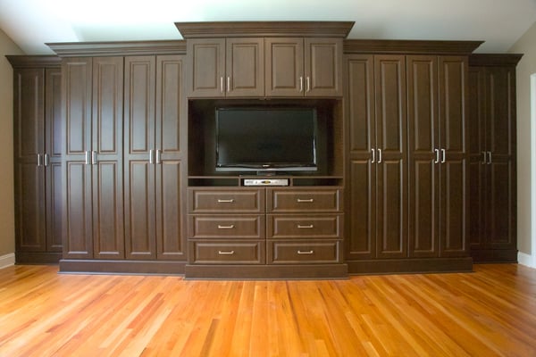Chocolate Pear Bedroom Built In with Media Center, Raised Panel Doors and Drawers, Decorative Base and Crown Moulding