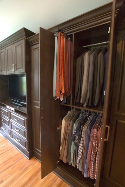 Chocolate Pear Bedroom Built In with Media Center, Raised Panel Doors and Drawers, Decorative Base and Crown Moulding