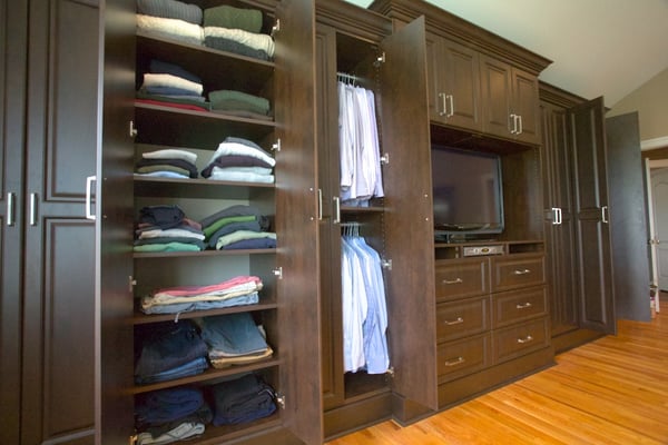 Chocolate Pear Bedroom Built In with Media Center, Raised Panel Doors and Drawers, Decorative Base and Crown Moulding