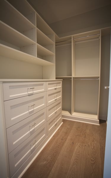 White Walk in with shaker style fronts, decorative base moulding, double hang