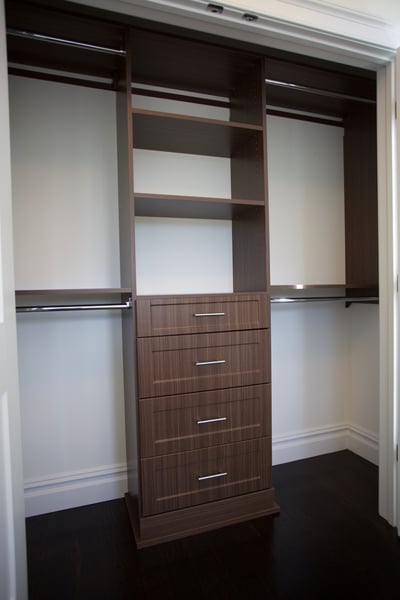 Milk Chocolate Reach In Closet with Shaker Style Fronts, Ladder Pull Handles, and Double Hang Sections