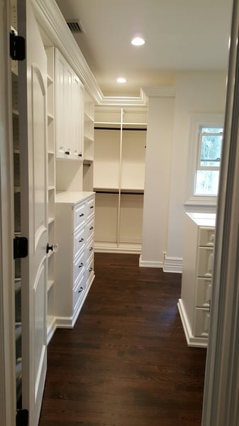 White Walk In with Raised Panel Drawers, Adjustable Shelving, Doors, and Oil Rubbed Bronze Hardware