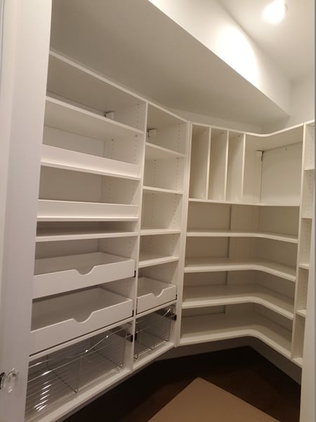 White Walk In Pantry with Pullout Drawers, Basket Pullouts, Tray Storage, and Adjustable Shelving