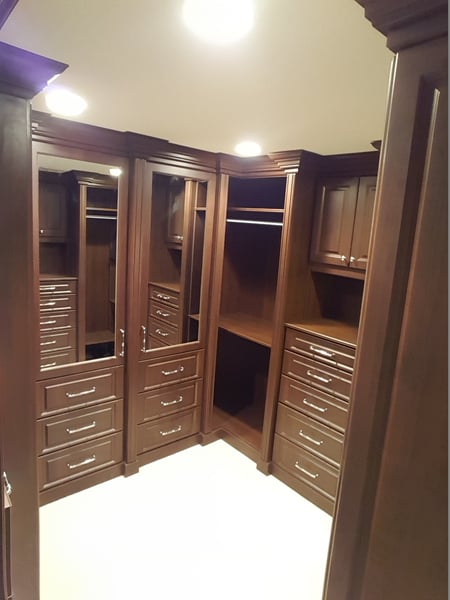 Truffle Walk In with Fluted Fillers, Decorative Base and Crown Moulding, Raised Panel Drawers