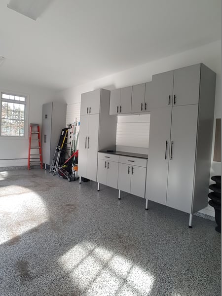 Grey Garage Built in with Matte Black Top and Ladder Style Pulls, Slatwall Organization system
