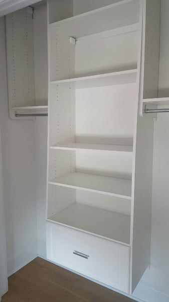 White Reach In with Adjustable Shelving Section, Raised Panel Drawer, Double Hang