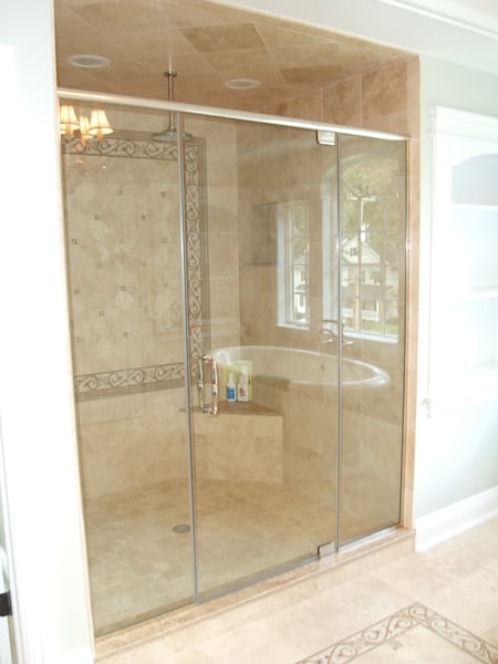 Frameless Panel/Door/Panel with Channel, Header, Pivot Hinges, and Victorian Handle