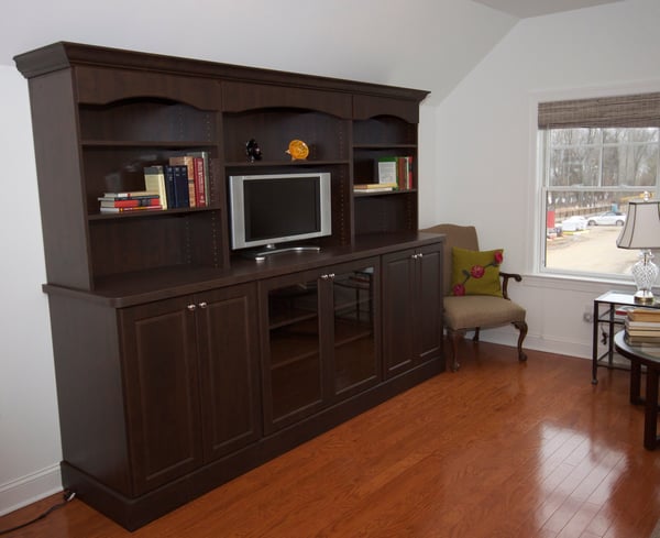 Chocolate Pear Built in with Media Center, Mullion Doors, Decorative Valances, Book Shelves