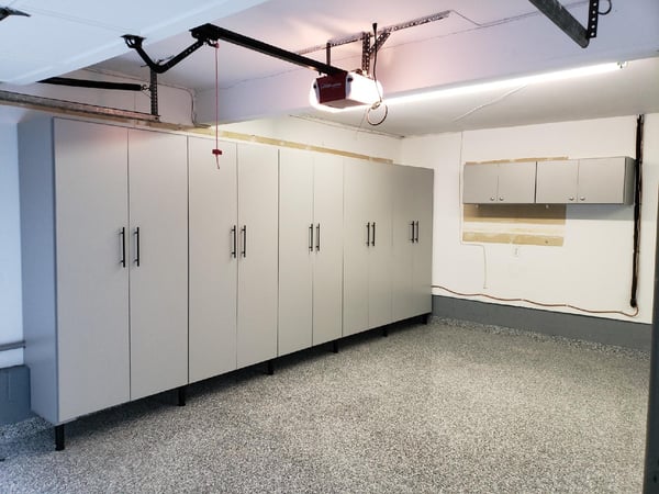 Grey Garage Built In Units with Slab Style Doors and Matte Black Hardware