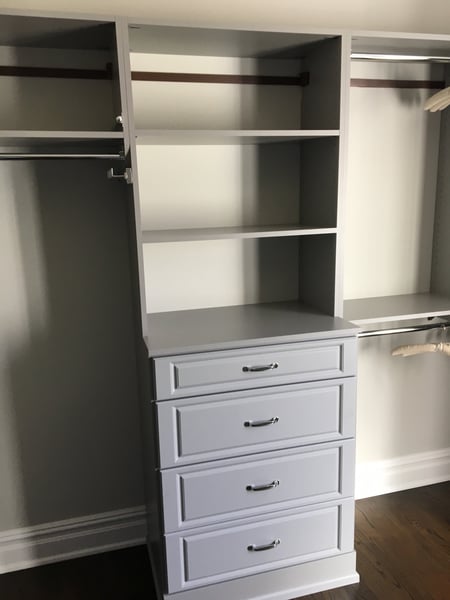 Grey Walk In Closet with Square Style Hutch Drawers and Hanging Sections