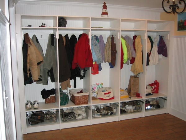 White Mudroom with Cubby Style Storage, Basket Pullouts for Shoe Storage