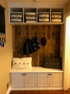 White Mudroom Area with Bench Seat, Raised Panel Drawers, Upper Storage Space