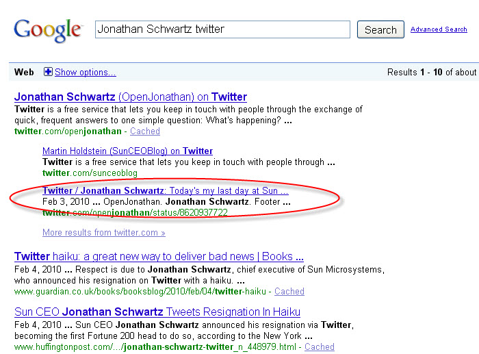 Jonathan Schwartz Google Search Results