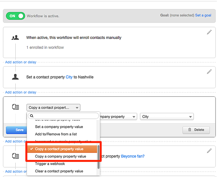 workflow automation between contacts and companies