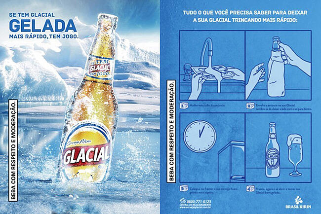 Interactive print advertisement by Glacial with instructions on how to chill beer