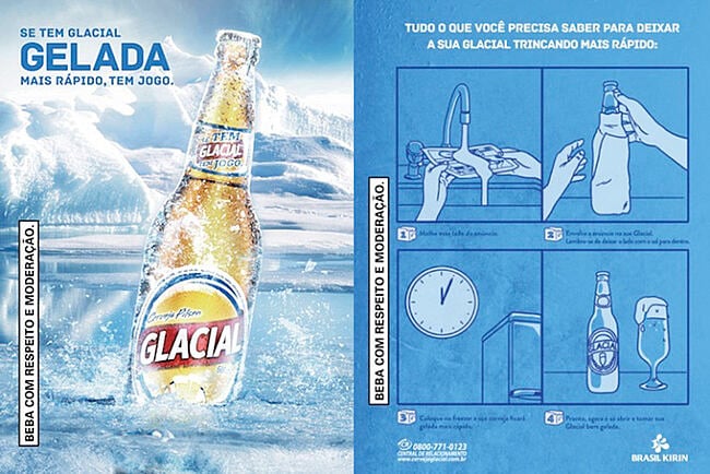 Interactive print advertisement by Glacial with instructions on how to chill beer